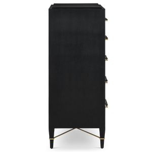 Verona Black Five-Drawer Chest with Champagne Metal Accents - Stylish Lacquered Linen Storage Solution