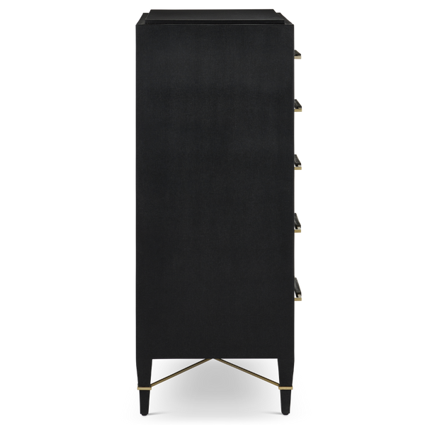 Verona Black Five-Drawer Chest with Champagne Metal Accents - Stylish Lacquered Linen Storage Solution