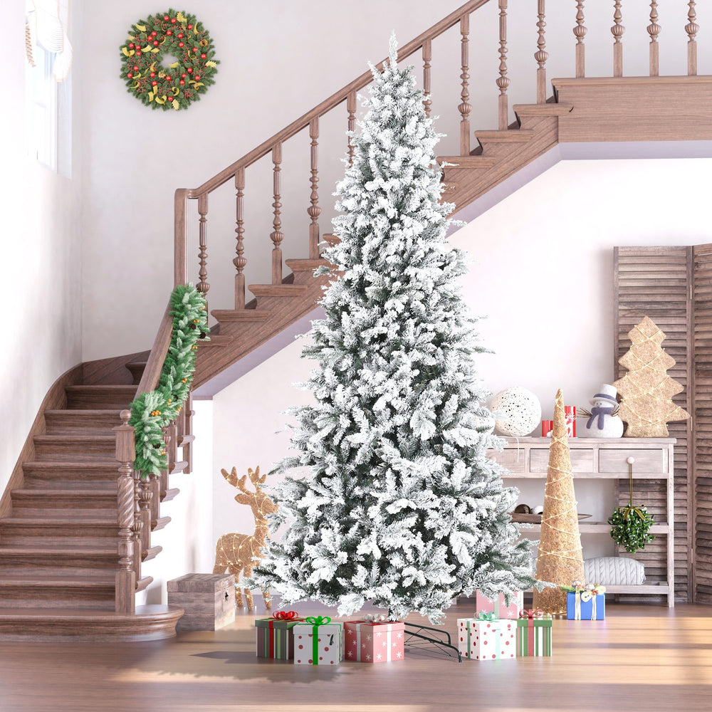English Elm HOMCOM 9ft Snow-Flocked Pine Artificial Christmas Tree with 2068 Branches, Auto-Open, Fire-Safe Decor W2225P217077