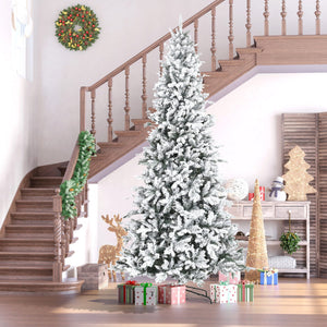 English Elm HOMCOM 9ft Snow-Flocked Pine Artificial Christmas Tree with 2068 Branches, Auto-Open, Fire-Safe Decor W2225P217077