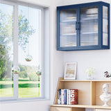 Retro Style Haze Double Glass Door Wall Cabinet with Detachable Shelves, Blue Color