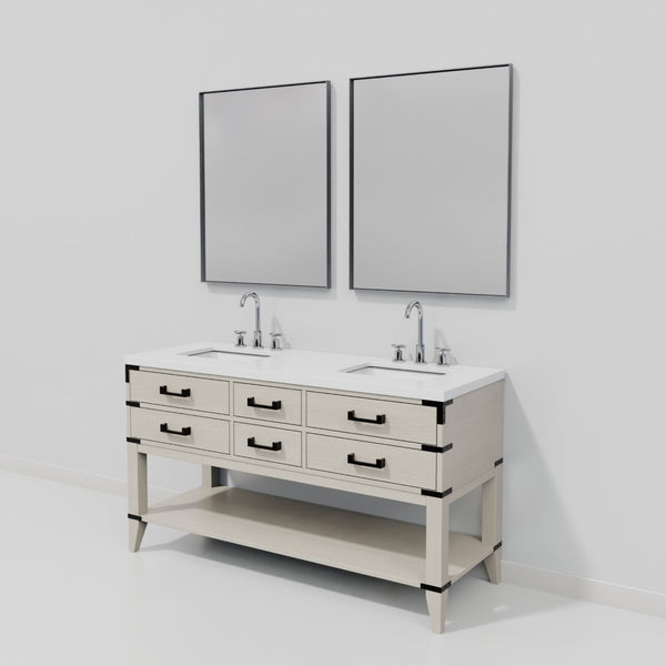English Elm White Oak Double Bath Vanity Set With White Quartz Top, Chrome Faucets & 28" Mirrors For Elegance B2731S01891-GIGA