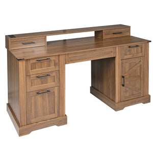 English Elm 59" Fluted Oak L-shaped Corner Desk with Charging Station Monitor Stand and File Storage Dark Walnut W2917S00007