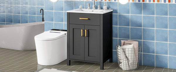 English Elm 24"Bathroom Luxurious Space-Saving Vanity with Ceramic Sink, Solid Wood Frame, Soft-Close Doors and Storage Black N729P183716B