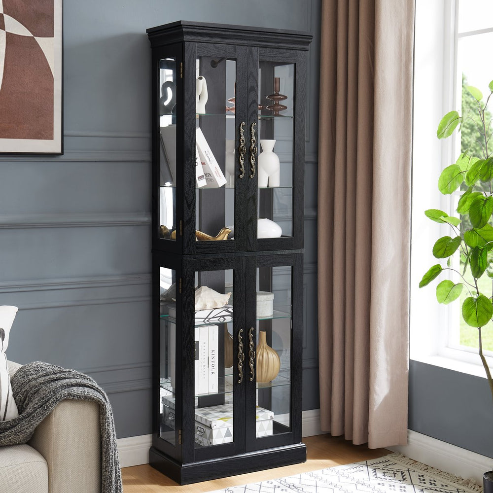 English Elm Elegant Lighted Glass Curio Cabinet with Vintage Carved Handle, Adjustable Shelves, Soft LED Glow, Quiet Hinge (37x15x15) W2275P389763
