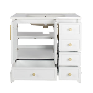 English Elm 35.6" Freestanding Bathroom Vanity with Roman Column Base and Ceramic Integrated Sink White W1801S00003