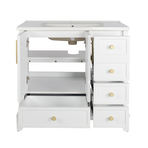 English Elm 35.6" Freestanding Bathroom Vanity with Roman Column Base and Ceramic Integrated Sink White W1801S00003