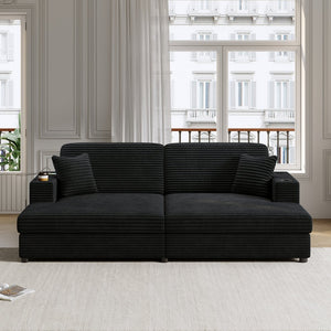 English Elm 86.5" Oversized Loveseat Chaise Lounge Sectional Sofa Bed Corduroy with USB Ports, Cup Holders & Pillows Black N719P232602B