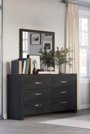 English Elm 1pc Contemporary Five-Drawer Chest with Wood Grain Finish, Slim Profile Storage Solution for Bedroom Black 61.02 L x 18.7 W x 37.01 H B011P368139