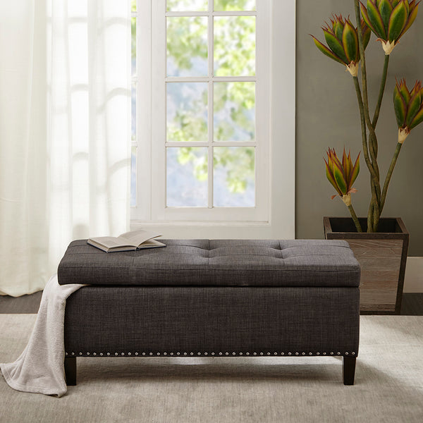 JLA Home Madison Park - Tufted Blue Storage Bench with Soft-Close Lift Top, Elegant Upholstered Seating and Noir Legs Charcoal FPF18-0502