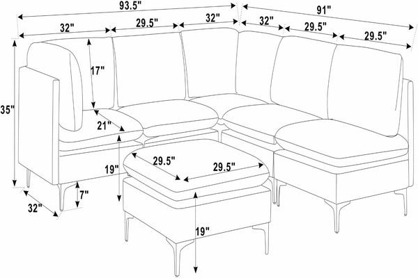 English Elm Linen Upholstered Modular Sectional Sofa with Tall Black Metal Legs for Living Room Dark Gray B2748S00114