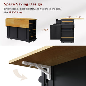 English Elm 48 Inch Rolling Kitchen Island Drop Leaf Prep Cart with Power Outlets and Open Shelving Black N707S257057B