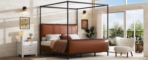 English Elm King Canopy Bed Iron Four Post Frame with Pu Leather Upholstered Headboard Footboard N757K343427O