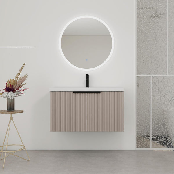English Elm 36" Floating Bathroom Vanity with Resin Sink, Wavy Doors, Dual Soft-Close Cabinets, Plywood Durable Finish W999P293173