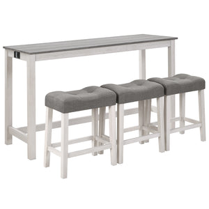 English Elm 4 Rustic Bar Table Set with Built-In Power, USB & Type-C, Water-Resistant Wood Grain Top, 59" L x 35.5" H Grey+White W1998P324488