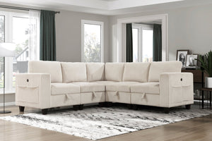 English Elm 5-Piece Modular Sectional with Hidden Storage Drawers, Side Pockets & USB Charging Ports Corduroy Beige 28.5 L x 29 W x 20.5 H B011S01077