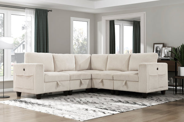 English Elm 5-Piece Modular Sectional with Hidden Storage Drawers, Side Pockets & USB Charging Ports Corduroy Beige 28.5 L x 29 W x 20.5 H B011S01077