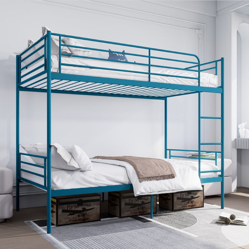 English Elm Bunk Bed Twin Over Iron Frame with Full Guardrail Ladder and Under Storage Blue W3752P412404