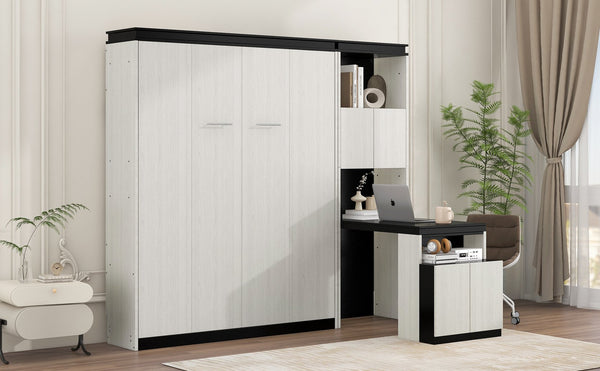 English Elm Full Full Size Murphy Bed with Desk, Shelves & Cabinets in Black+White — Space-Saving, Sturdy Design GX002042AAE