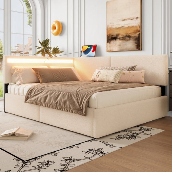 English Elm Twin Boucle Upholstered Bed with Cloud Headboard Storage Drawers and Led Lighting W1670P410460