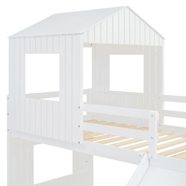 English Elm Wooden Twin Over Full Bunk Bed Farmhouse Playhouse Slide Pinewood Kids Loft White LT000328AAK