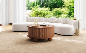 English Elm Round Fluted Pine Wood Coffee Table with Hidden Sliding Door Storage for Living Room Walnut N735P369879D