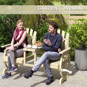 English Elm Outsunny Rustic Fir Wood 2 Seat Garden Bench with Wagon Wheel Legs and Center Table W2225P485566