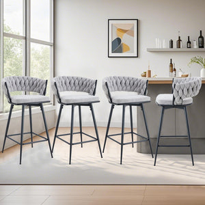 English Elm A set of four rotating bar stools with breathable cotton-linen cushions, 360° swivel, durable metal frame, retro flair Antique grey white W2920S00060