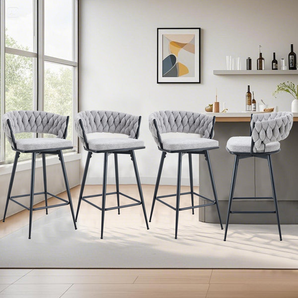 English Elm A set of four rotating bar stools with breathable cotton-linen cushions, 360° swivel, durable metal frame, retro flair Antique grey white W2920S00060
