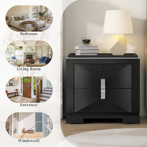 English Elm Mid-century Modern Nightstand with Diamond Geometric Drawers and Heavy Duty Wood Base Black N761P324094B