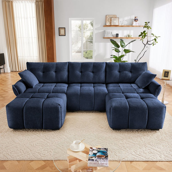 English Elm 3 Seater Sofa Set With Ottoman And Throw Pillows – Tufted Chenille Comfort, Solid Wood Frame, Durable Elegance Blue W714S01150