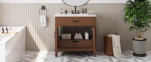 English Elm Christopher Knight Home® - 36" Rattan Bathroom Vanity with Ceramic Sink and Soft-Close Drawers, Handwoven Door Texture, Solid Wood Legs, Spacious Storage Elegance Brown N817P271077B