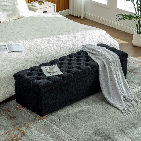 English Elm 60.2'' Chenille Tufted Storage Bench Flip Top Rubberwood Legs Bedroom Entryway Seat Black W3118P462295