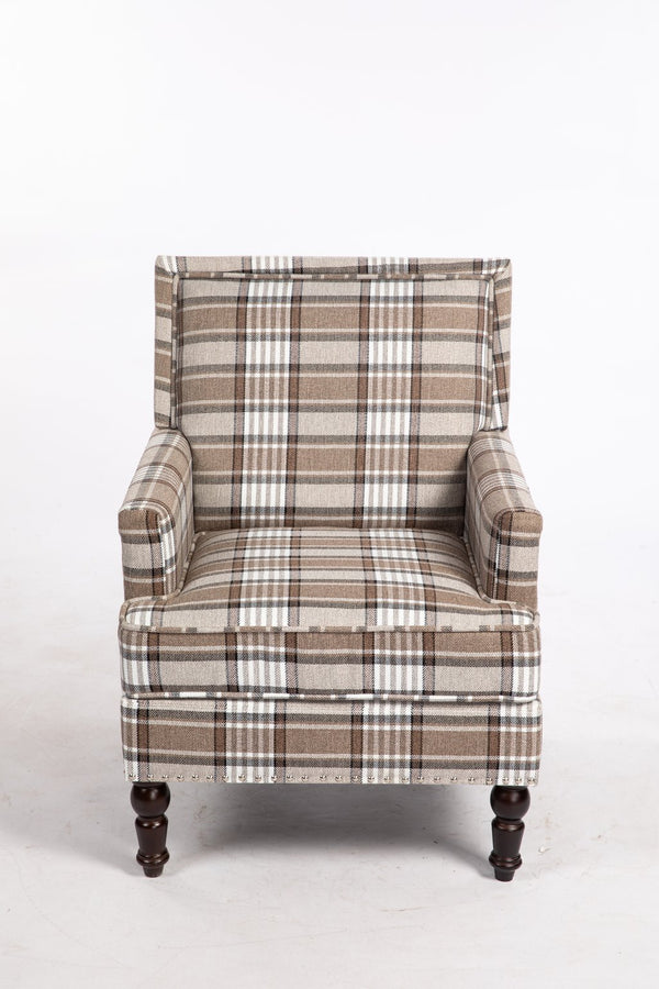English Elm Upholstered Vintage Armchair with Striped Linen Look, Nailhead Trim, High-Density Foam Comfort Coffee W2530P174776