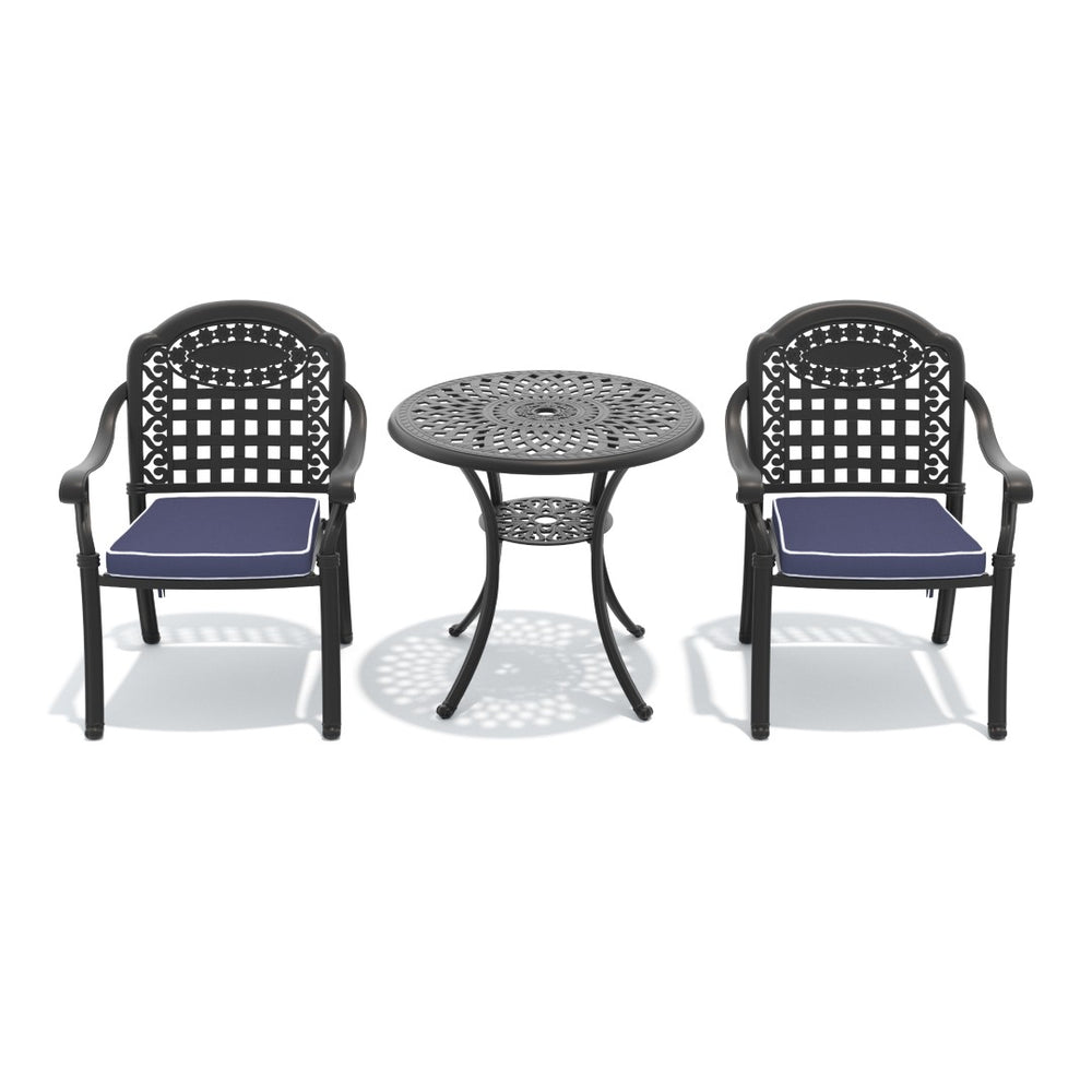 English Elm 3-piece Cast Aluminum Outdoor Bistro Set with Ornate Petal Detailing and Cushioned Chairs W1710S00625