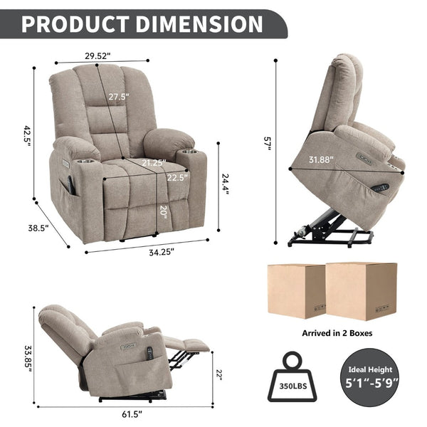 English Elm Emon's Overstuffed Chenille Power Lift Recliner with Massage Heat and Charging Ports Khaki W1803S00089