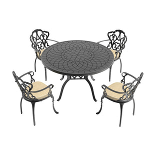 English Elm 5-piece Cast Aluminum Outdoor Dining Set with Ornate Relief Patterned Chairs and Table W1710S00558
