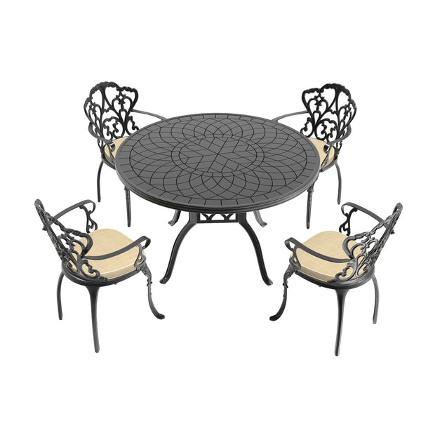 English Elm 5-piece Cast Aluminum Outdoor Dining Set with Ornate Relief Patterned Chairs and Table W1710S00558