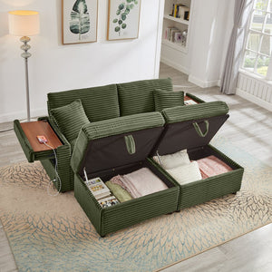 English Elm Comfortable Plush Corduroy Sofa with Hidden Storage Ottoman, USB Charging and Lift-Up Tabletop Green W3705S00007