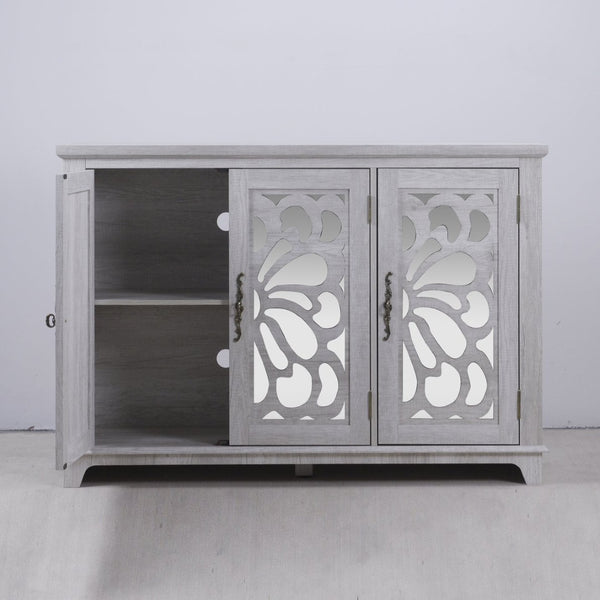 English Elm 49.33" Mirrored Lattice Buffet Cabinet with Adjustable Shelves Vintage Wood Grain Sideboard Light Gray W2899P372742