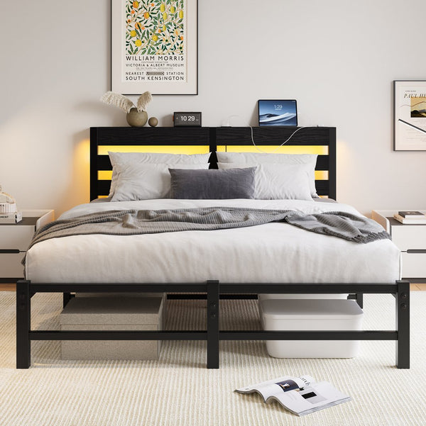 English Elm Queen Metal Bed Frame with Wooden Headboard, Built-In USB Charging, RGB App Lights, Storage Shelf, 10.6" Clearance, Noise-Free, Rustic Finish Black W840P209907