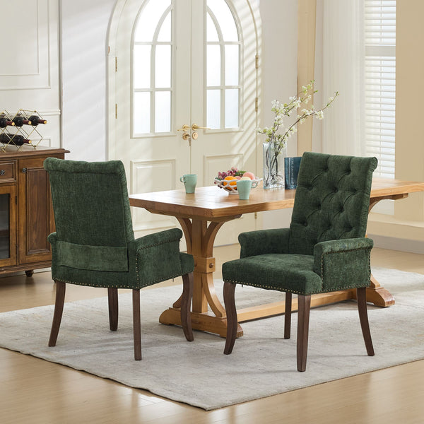 English Elm Upholstered Chenille Dining Chair with Hand-Tufted Back, Curved Solid Wood Legs, Comfortable Armseat Olive Green W1143P346929
