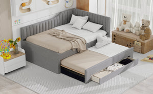 English Elm Full Upholstered Daybed with Trundle and Three Drawers, Linen-Blend Fabric, Space-Saving Guest Bed, Storage-Friendly Design Gray DL002058AAE