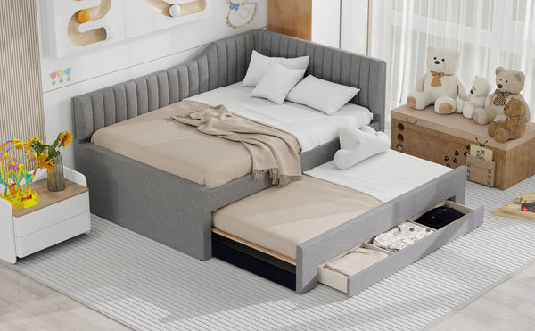 English Elm Full Upholstered Daybed with Trundle and Three Drawers, Linen-Blend Fabric, Space-Saving Guest Bed, Storage-Friendly Design Gray DL002058AAE