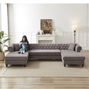 English Elm 135.5-inch Modern Chenille U-Shaped Sectional Sofa with Dual Chaise, Pull-Point Detail, Pillows, Wooden Legs Grey W1926S00047