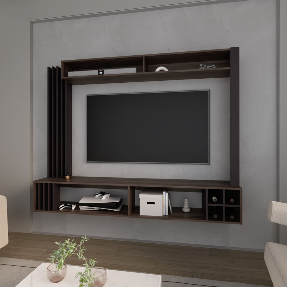 English Elm Wenge Entertainment Center with Wine Storage, Open Shelves & Durable Melamine Finish for Living Rooms B062S01376