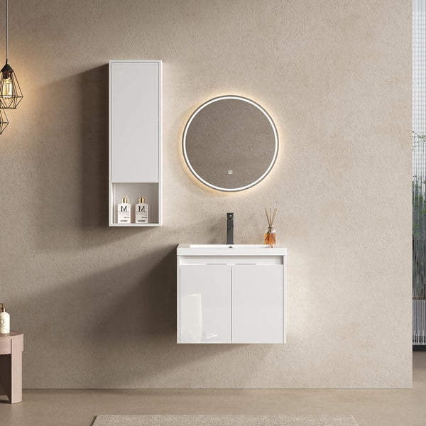 English Elm 24" Modern Wall-Mounted Bathroom Vanity with Resin Sink, Soft-Close Doors, Wall Cabinet, White W999S00418