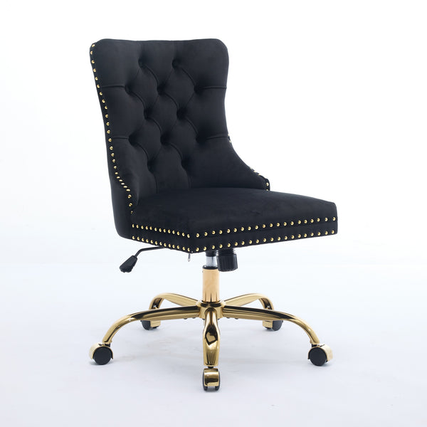 English Elm A&A Velvet Tufted Office Chair with Hand-Pulled Buttons, Nailhead Trim & Golden Metal Base, Luxe Comfort Black W1143P292465