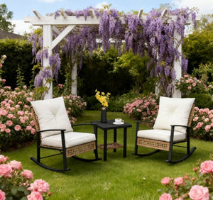 English Elm Patio Pe Rattan Rocking Chair Set with Tufted Cushions and Matching Coffee Table Beige+White,Natural T3971P419108