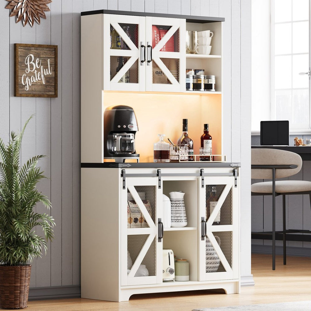 English Elm Pantry Hutch with Fluted Mdf Panels Charging Station Pegboard and Open Shelving T3773P416037